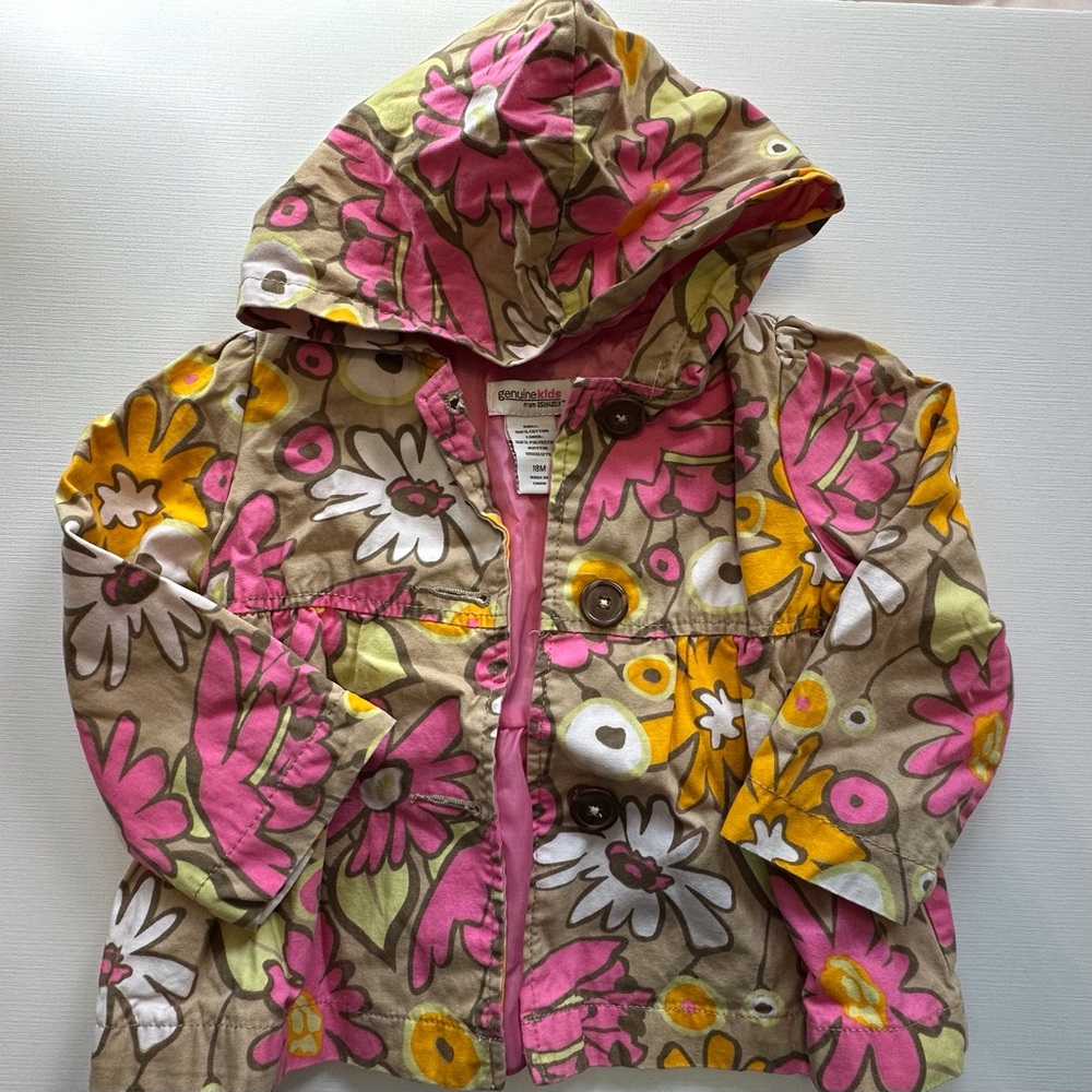 Oshkosh pink yellow floral print lined hooded button jacket toddler girls 18 mo